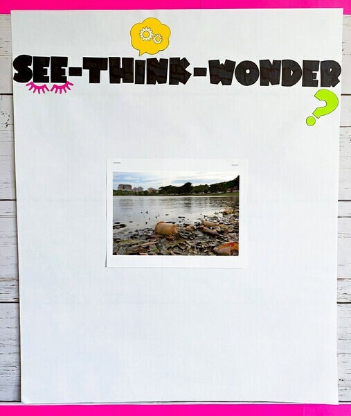 A landscape photo on a Post-it® Super Sticky Easel Pad paper with the words “See”, “Think”, “Wonder”.