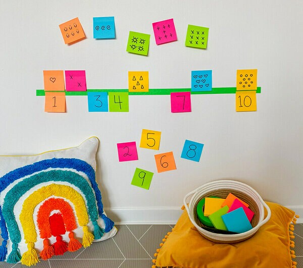 Des Feuillets super collants Post-it® avec des chiffres et des symboles collés sur un mur.