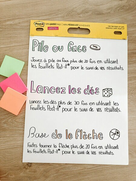 Un Mini tableau à feuilles super collantes Post-it® avec des instructions de station de probabilité écrites dessus.