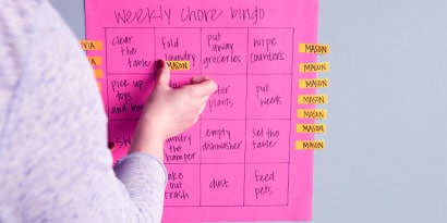 Throughout the week, after someone completes a chore, they can move one of their names into the corresponding box Throughout the week, after someone completes a chore, they can move one of their names into the corresponding box