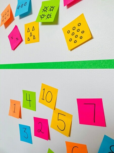 Des Feuillets super collants Post-it® avec des chiffres et des symboles collés sur un mur.