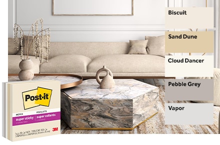 A living room with a beige tones. Neutral color swatches labeled Biscuit, Sand Dune, Cloud Dancer, Pebble Grey, and Vapor
